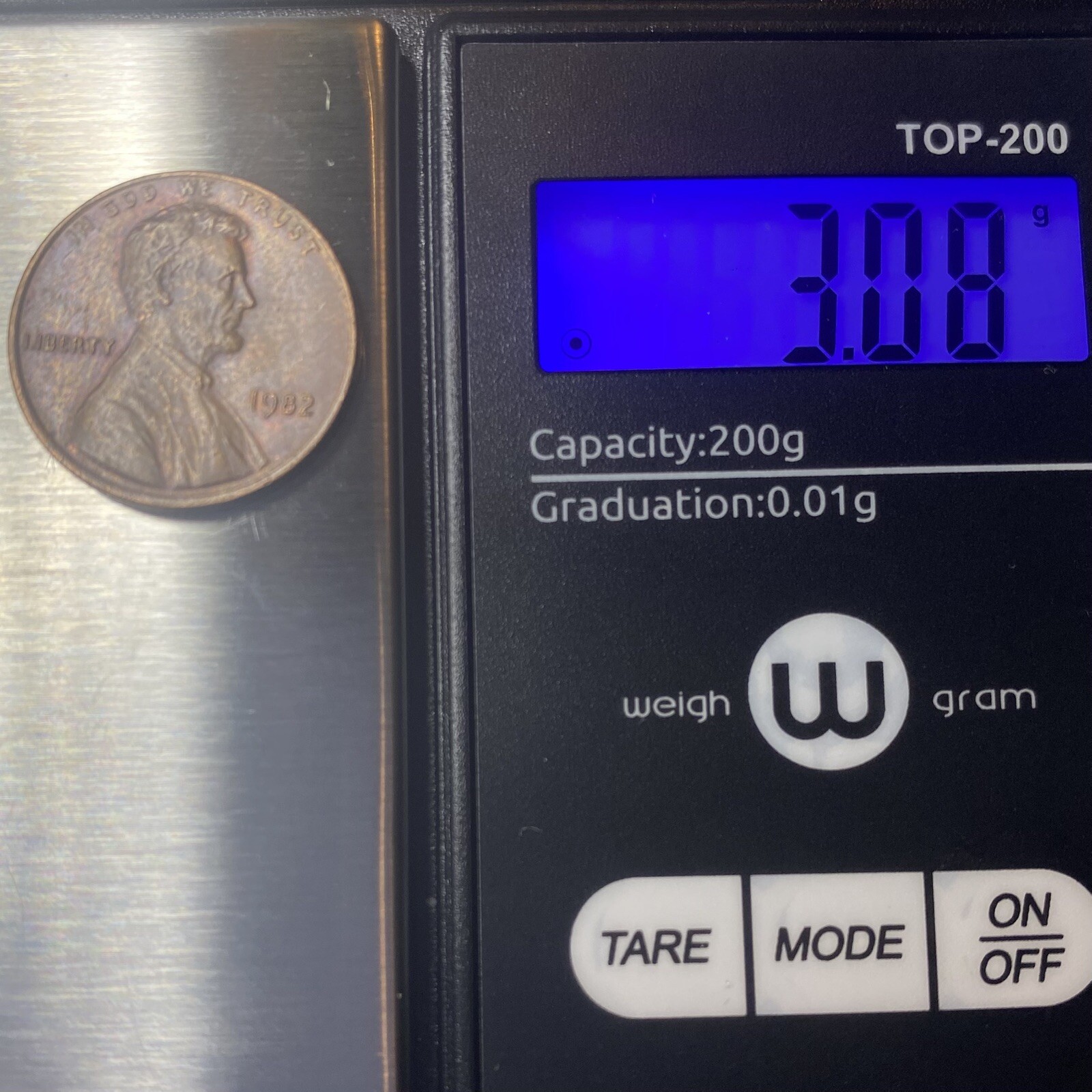 1982 Small Date Copper Penny 3.08 grams Toned with Visible Steps