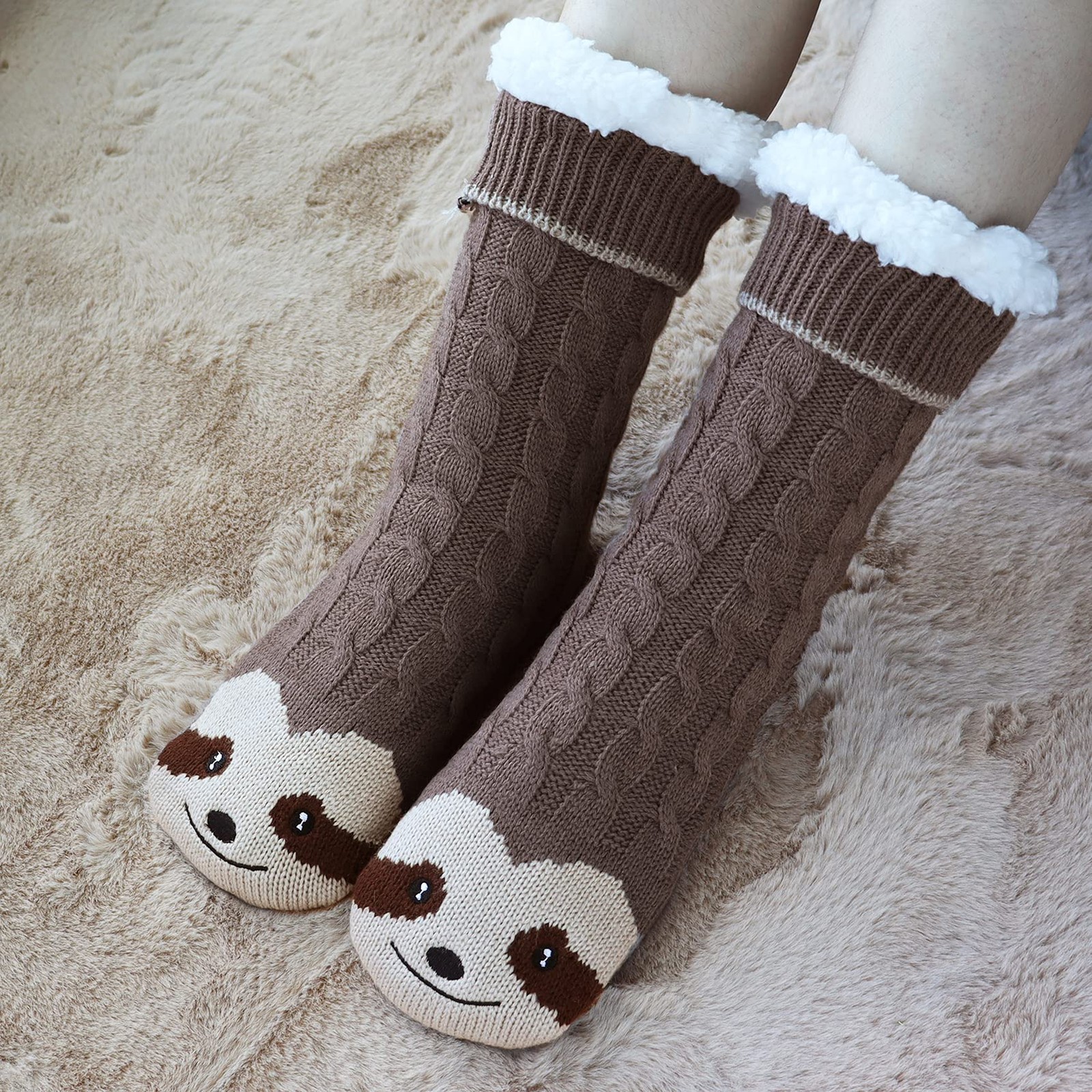 Jeasona Sloth Gifts for Women Fuzzy Slipper Socks With 5-8, Brown
