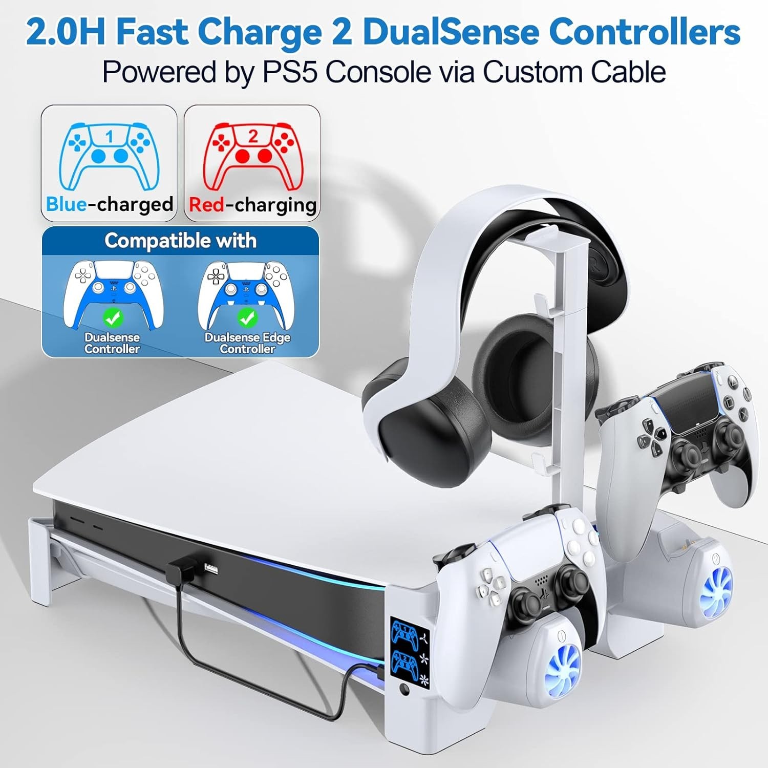 PS5 Horizontal Stand with 3-Level Cooling Fans for PlayStation 5 Console, PS5 Ac