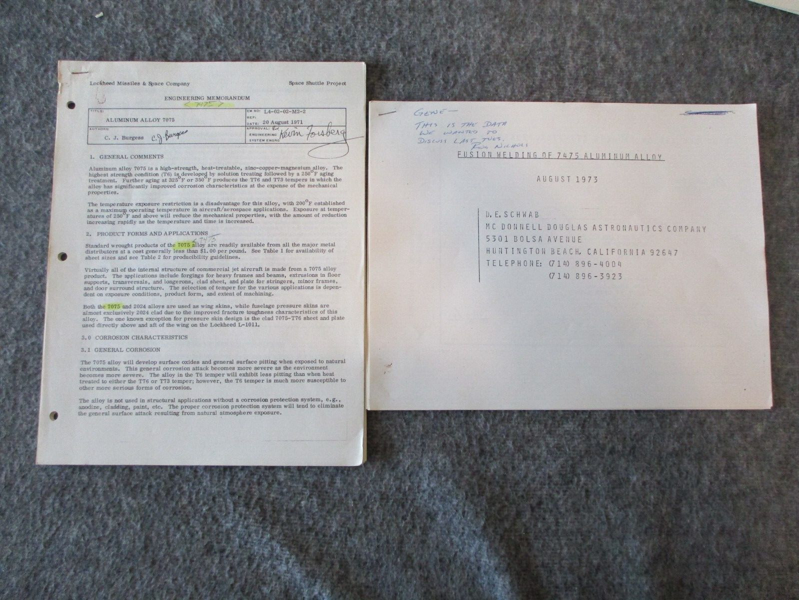 NASA SPACE SHUTTLE/VEHICLE SPECS METALS/MATERIALS/TESTING REPORTS/RESULTS 71-73