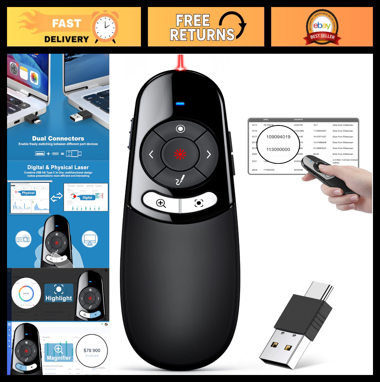 2-in-1 USB Type C Wireless Presentation Clicker & Highlighting Magnifier, 2.4GHz
