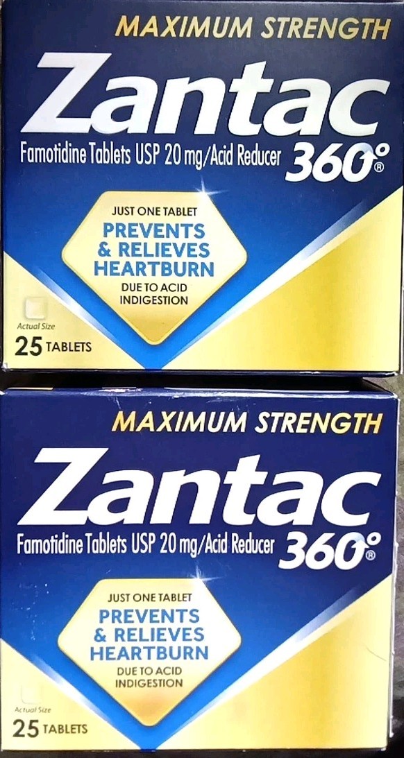 2 ZANTAC 360 MAXIMUM STRENGTH FAMOTIDINE 20mg PREVENTS HEARTBURN 25 X2 50 TABS!!