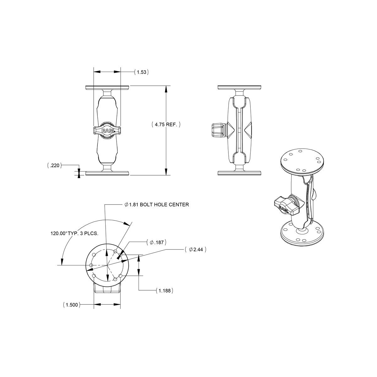 RAM-B-101U RAM Universal Double Ball Mount with Two Roun...