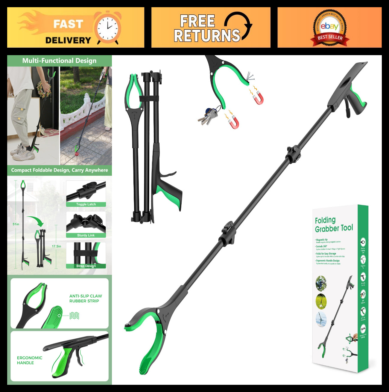 51" Heavy Duty Grabber Tool for Seniors & Disabled, Extra Long Foldable, 360° Cl