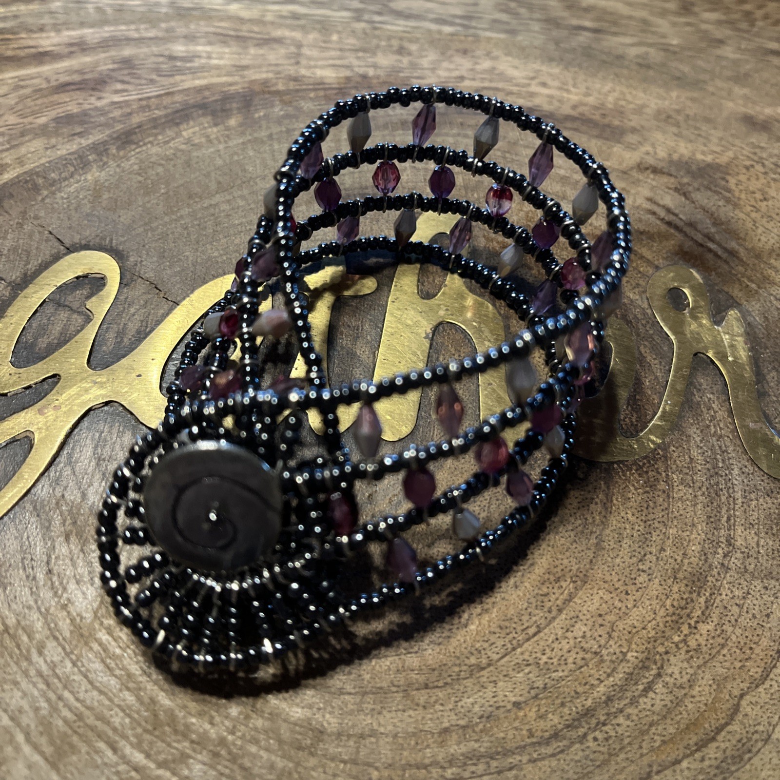 Boho Wrap Bracelet Black & Pink Crystal Beads Silvertone Swirl Button