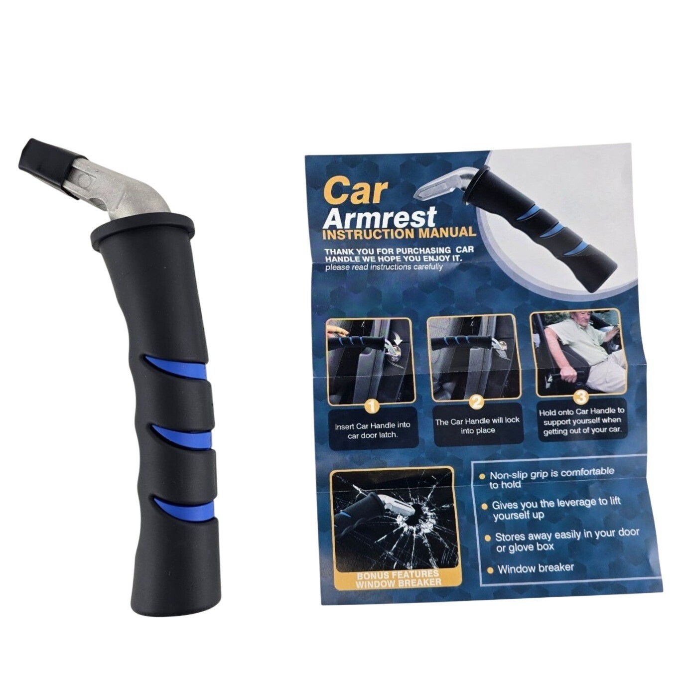 Portable Car Assist Handle With Non-Slip Grip & Built-In Window Breaker Tool