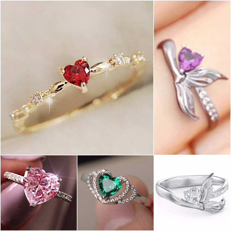 Charm 925 Silver Plated,Gold Plated Rings Heart Cubic Zirconia Jewelry Size 6-10