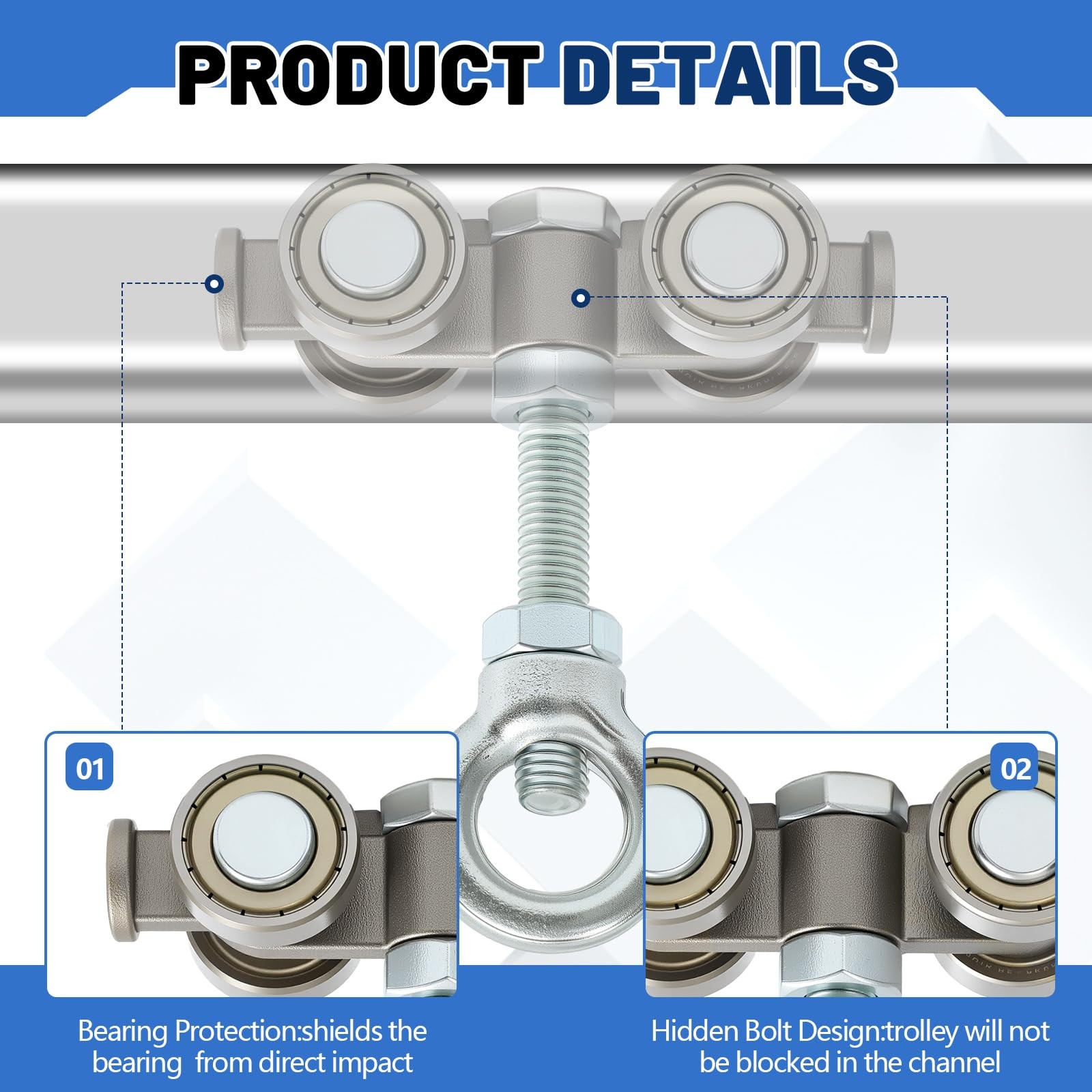 2 Pcs Silver 4 Wheel Silent Trolley Assembly Rollers for Use with 1-5/8" Wide an