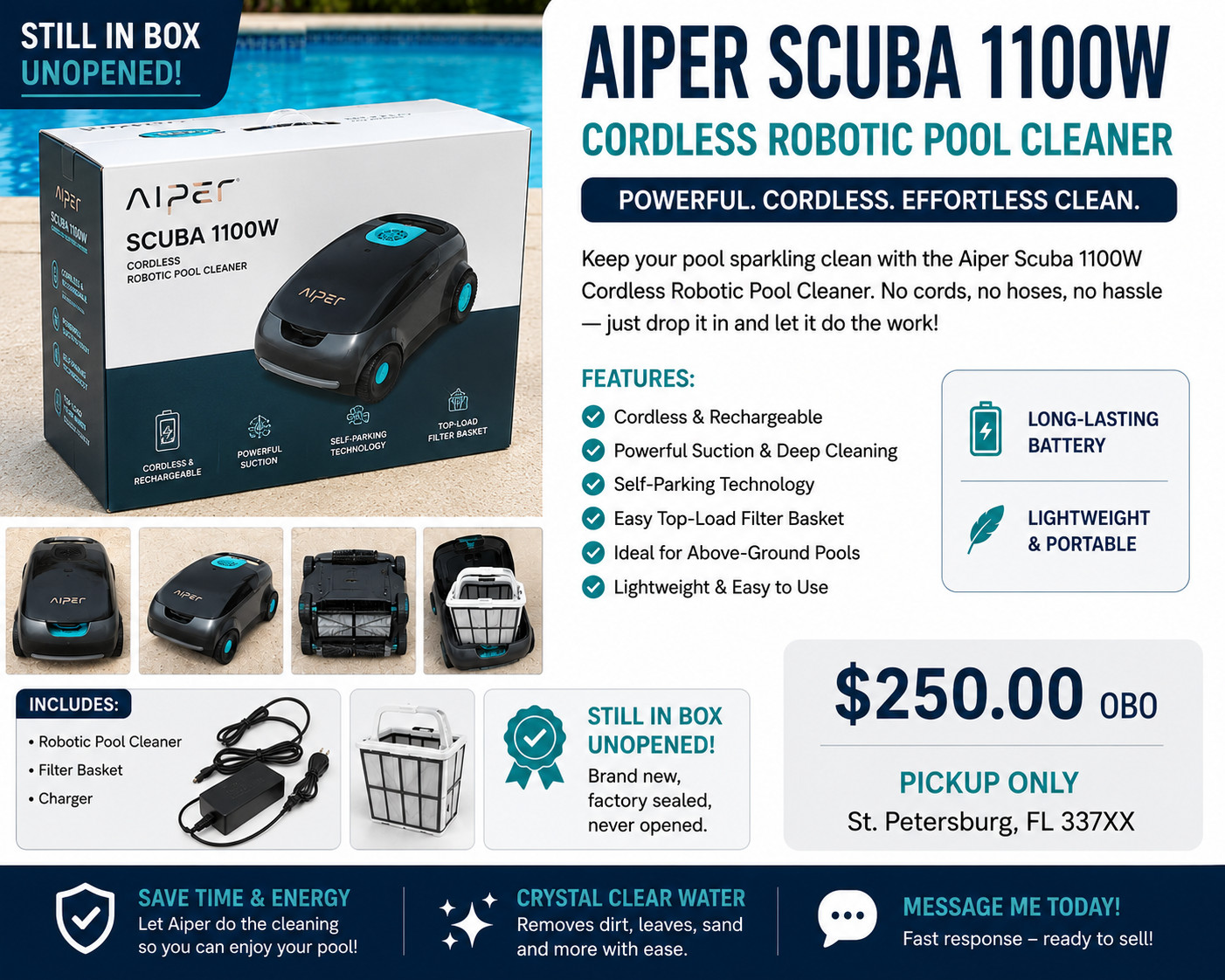 Aiper Scuba 1100W Cordless Robotic Pool Cleaner Flat Floor, 1000 sq ft