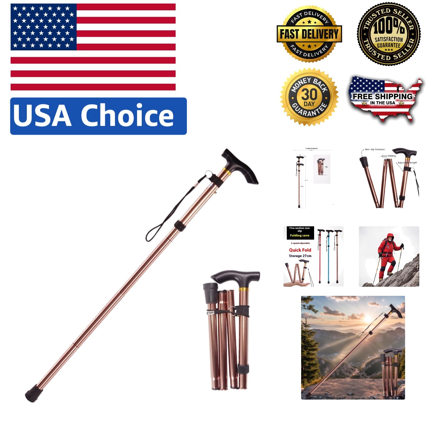 Adjustable Walking Cane 33-37'' for Men & Women – Brown and Black Design