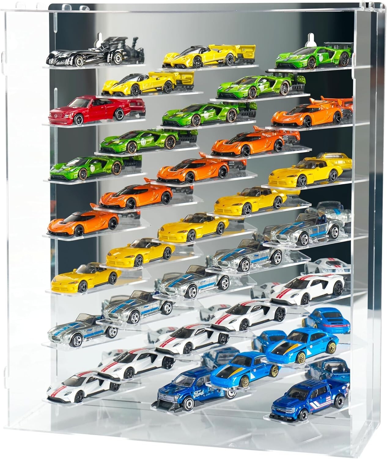 Car Display Case 33 Pc Acrylic LED Light Mirrored Wheels Model 1/64 Diecast Rack