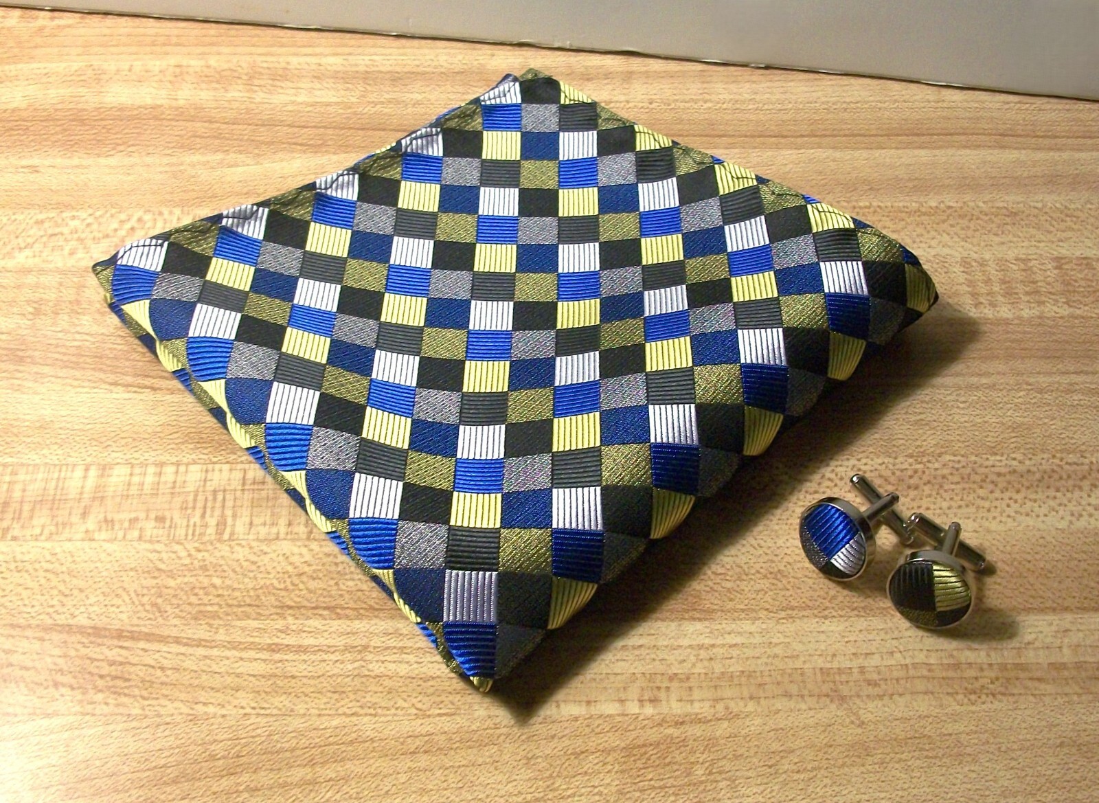 Vintage Men’s Silk Jacquard Pocket Square & Cuff Links Set-Blue/Black/Gold/Silv