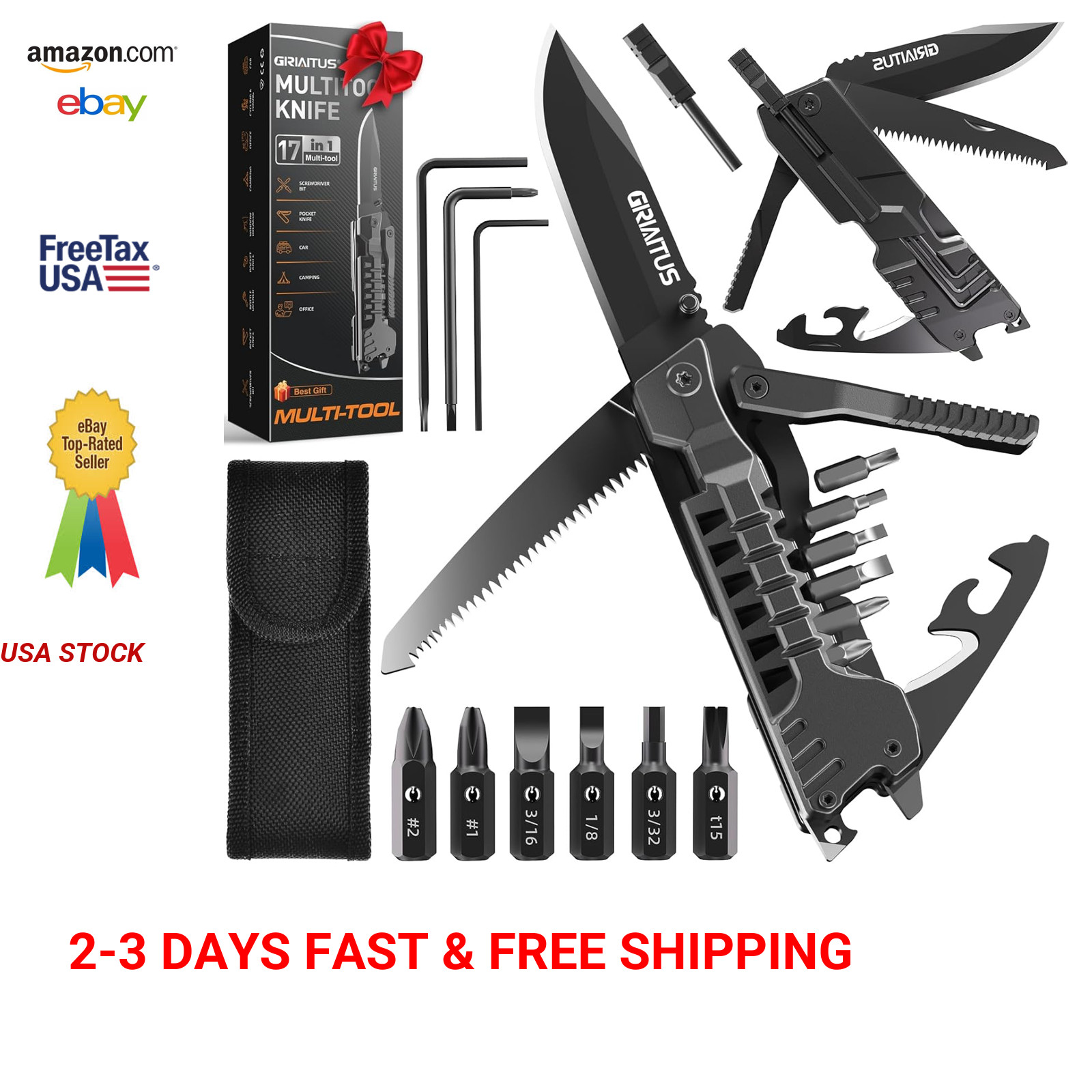 17 in 1 Multitool Knife Fire Starter Stick Bottle Opener Saw for Camping Hiking