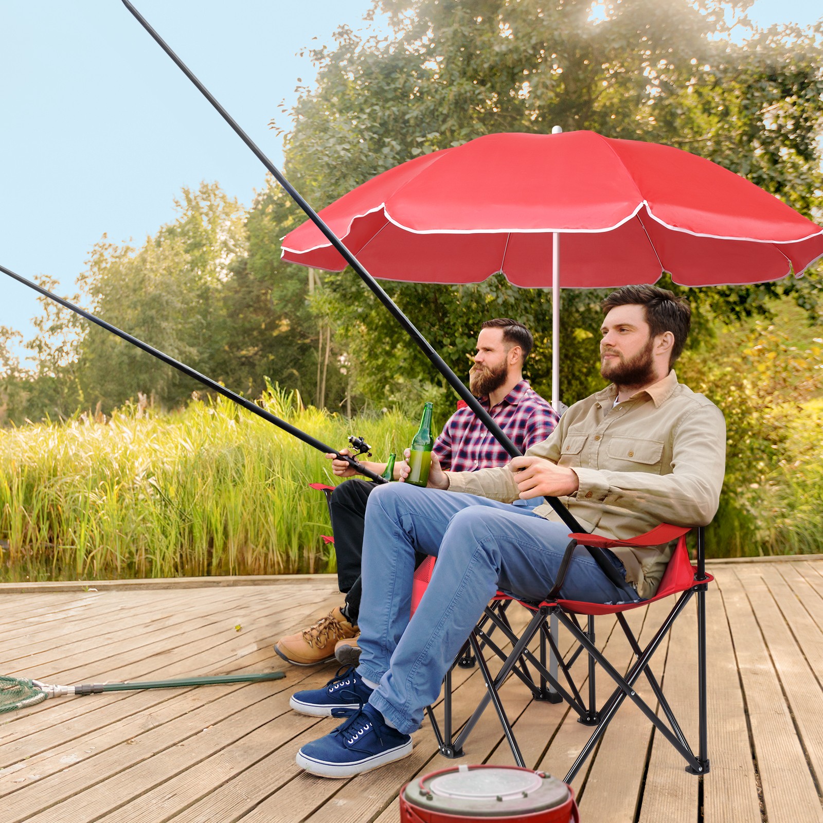 Double Portable Folding Picnic Chair w/Umbrella Table Cooler Beach Camping Chair