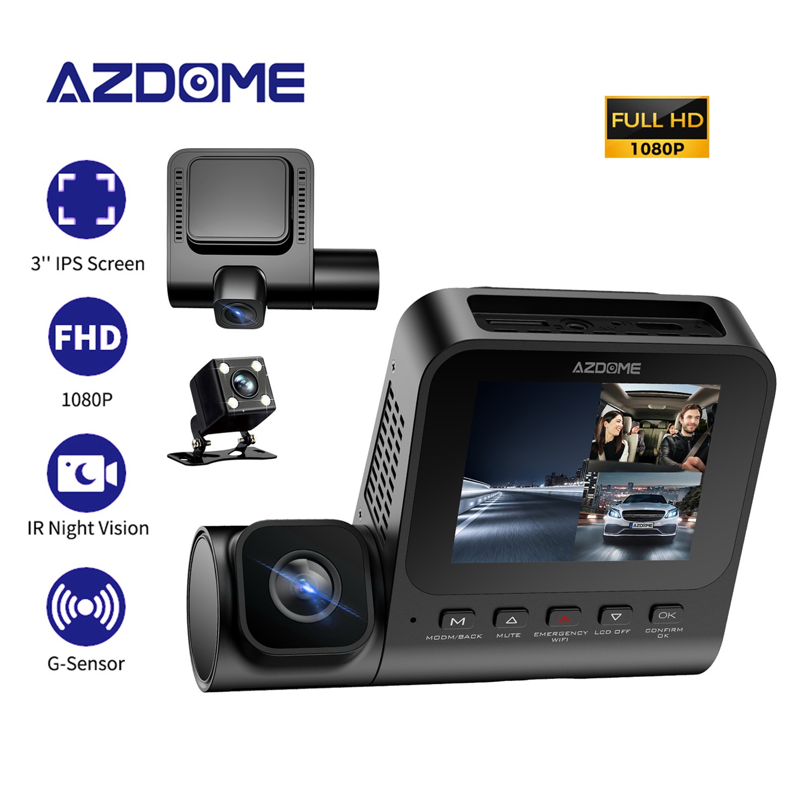 AZDOME 1080P+1080P+VGA 3 Channel Dash Cam Parking Mode Night Vision DVR Recorder