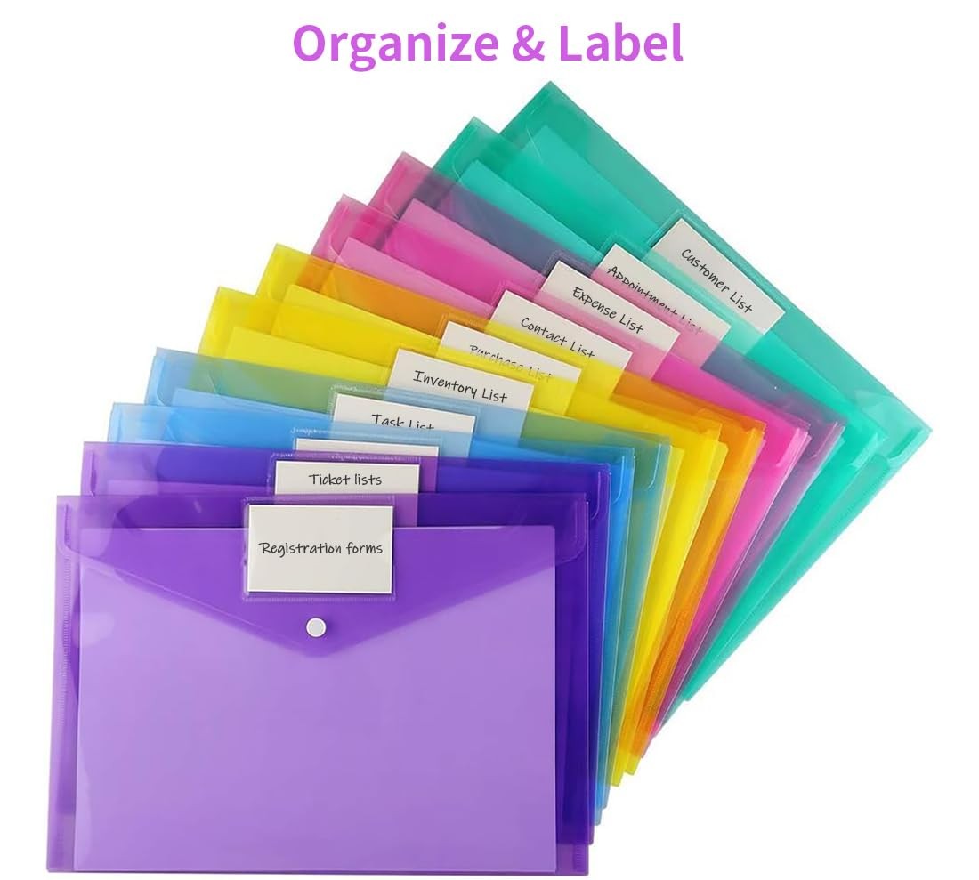12 Pack Plastic Envelopes Snap Closure Clear File Folder Letter A4 Size Poly