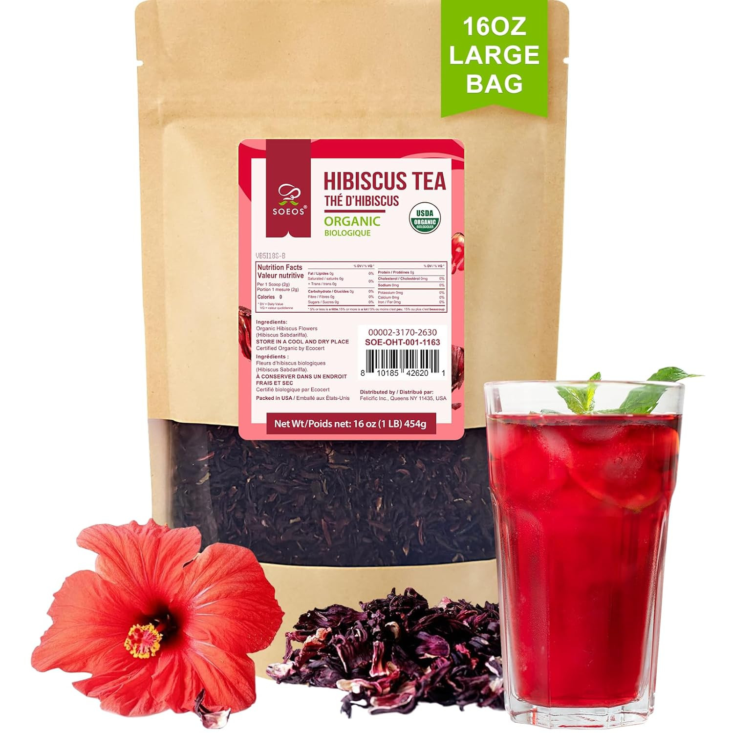 Organic Hibiscus Flower Herbal Tea, 1Lb (16Oz), Hibiscus Tea Loose Leaf, Bold Ta