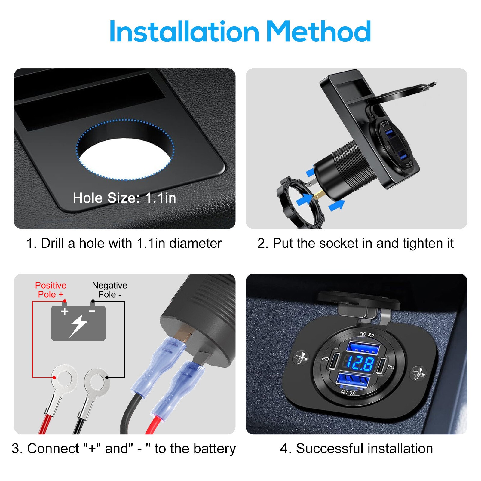 12-24V 4 Port Fast Car Charger QC3.0 & PD USB C Outlet Socket for Boat RV Marine