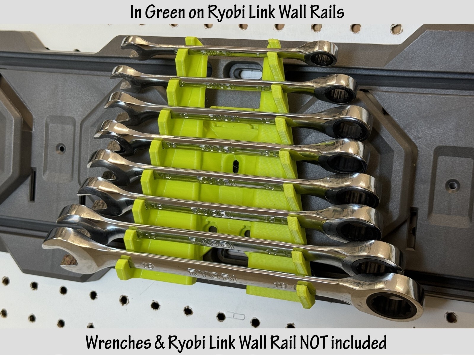 8 Wrench Holder. Mounts to Wall,Ryobi Link Wall Rails, or Pegboard (no wrenches)