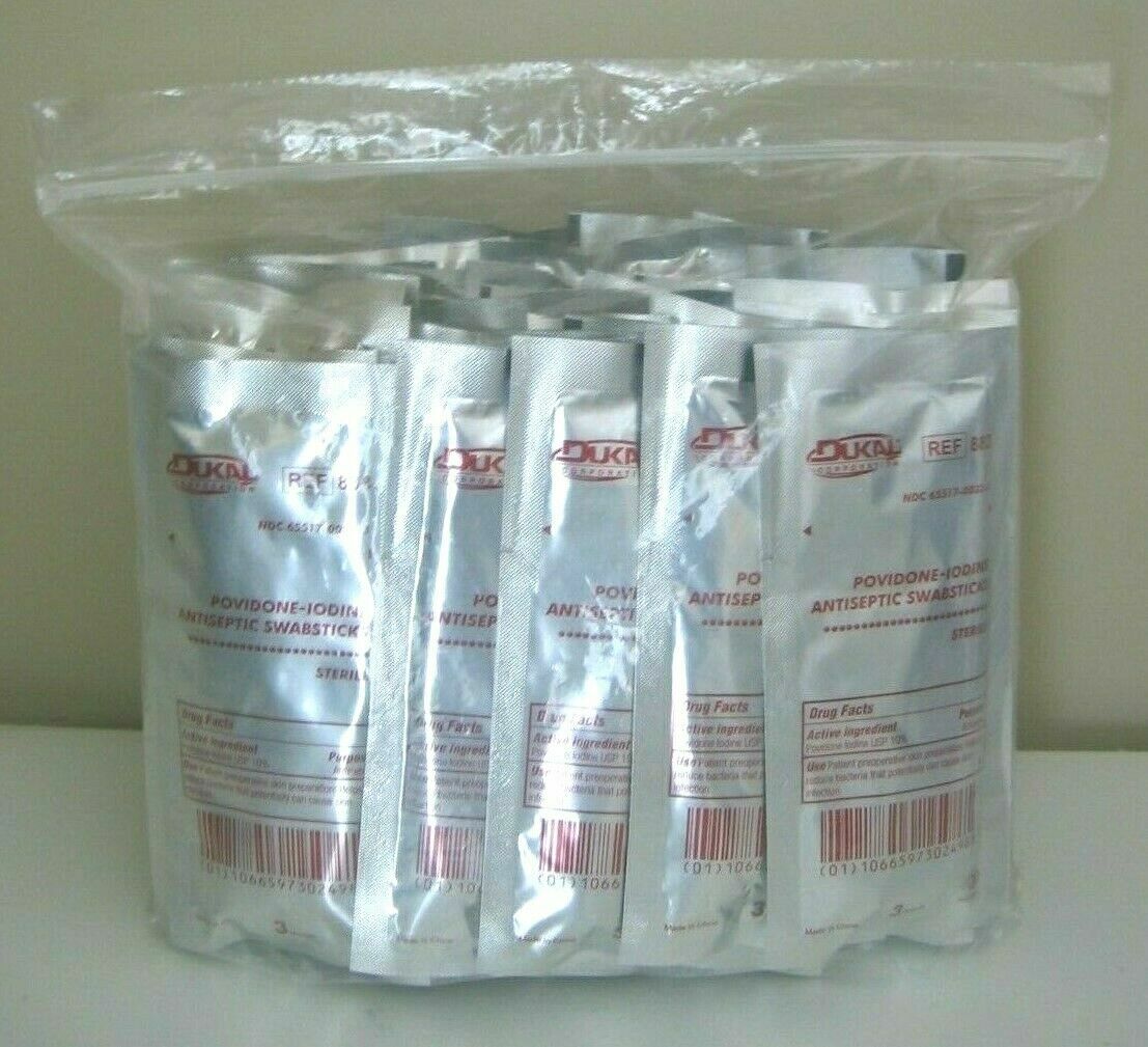 Lot of 100 Dukal 3 Packs Sterile 10% Povidone Iodine Antiseptic Swabsticks
