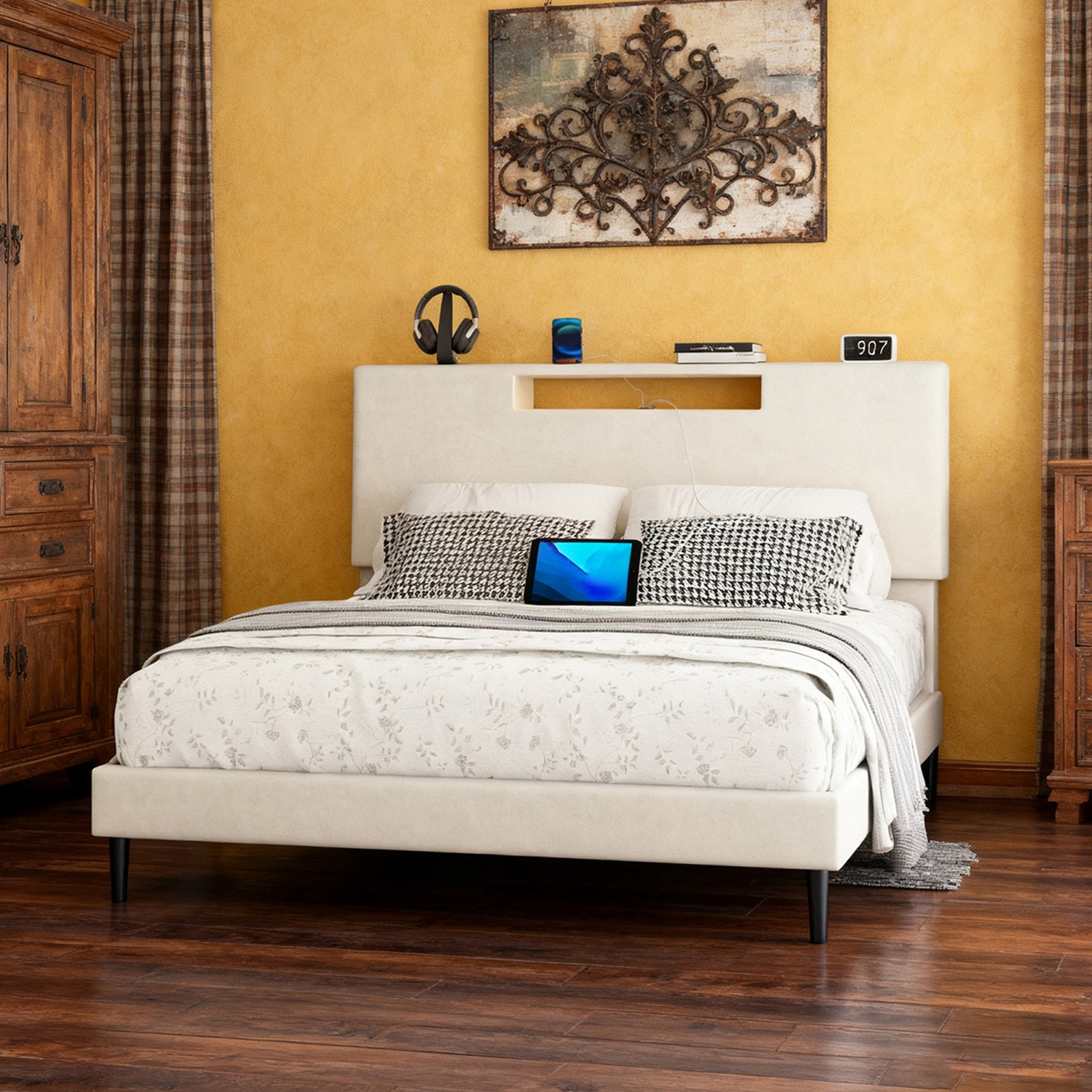 Full Size LED Upholstered Bed Frame Easy 40Minutes Assembly Complete HardwareKit