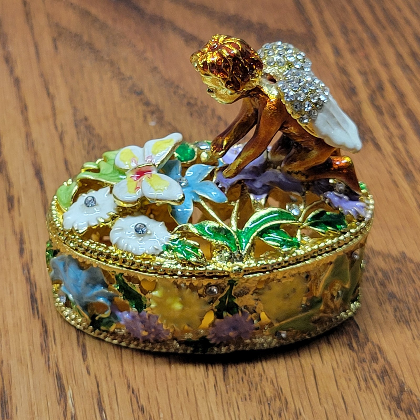 Bejeweled Cherub Angel With Butterfly Floral Trinket Box