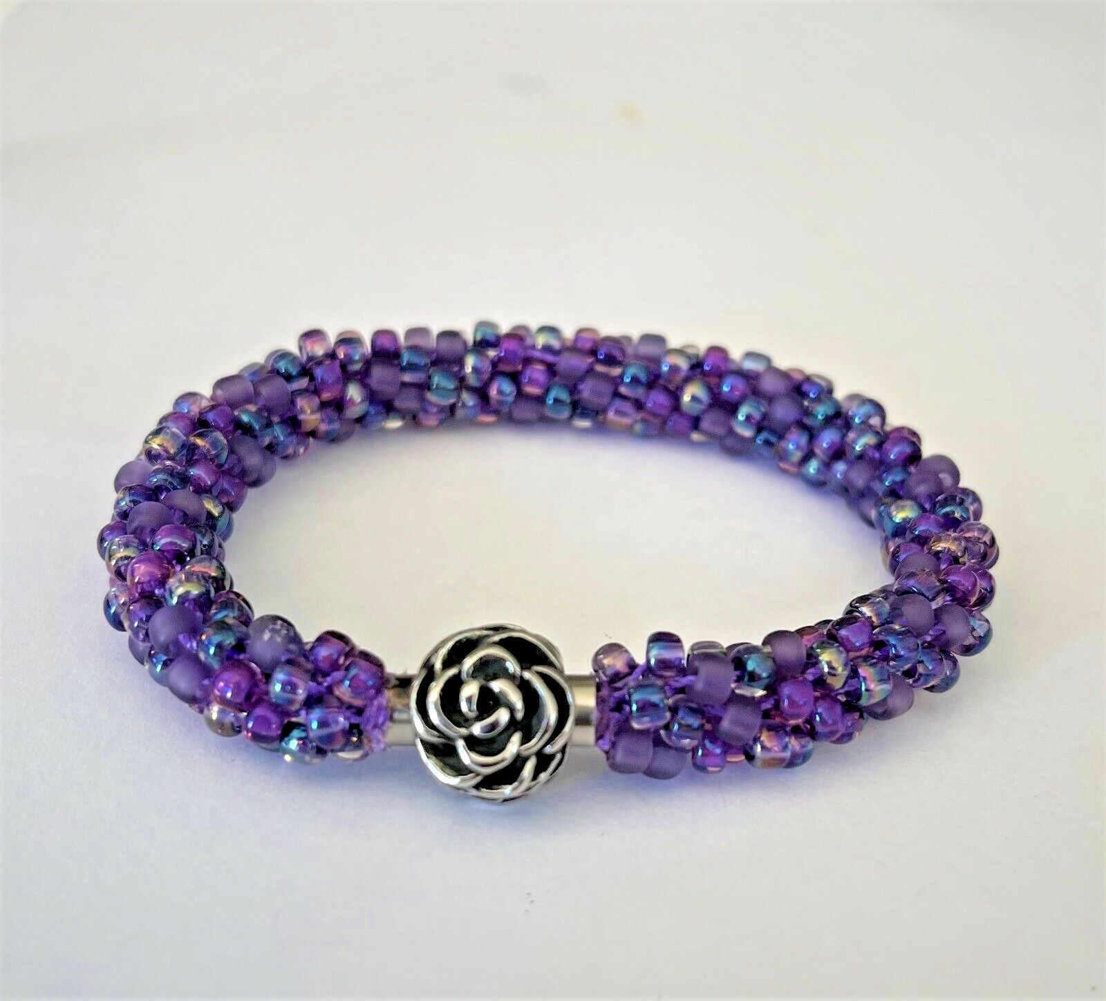 Handmade Purple Beaded Stainless Steel Magnetic  Rose Bracelet