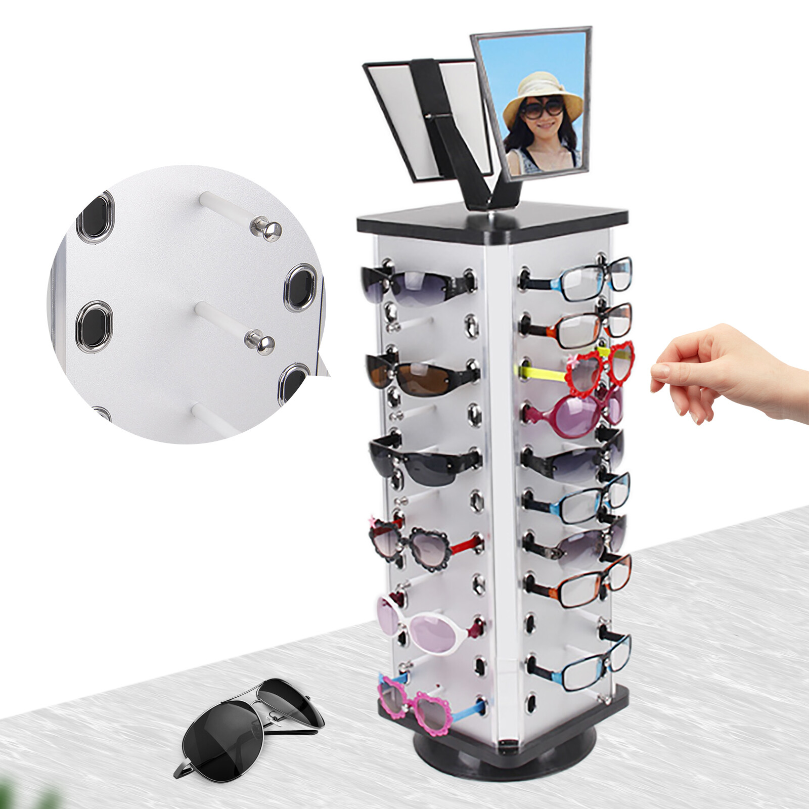 360° Rotating Glasses Display Rack for 44 Pairs with Adjustable Mirrors