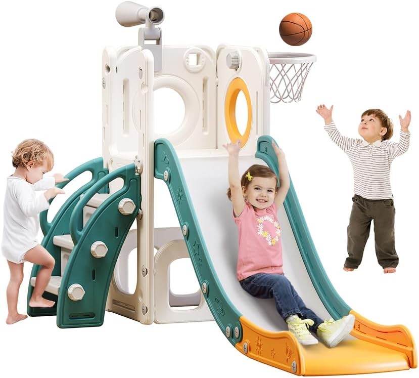 6 in 1 Toddler Playset with Hoop Ball Kids Playground Slide Outdoor Green