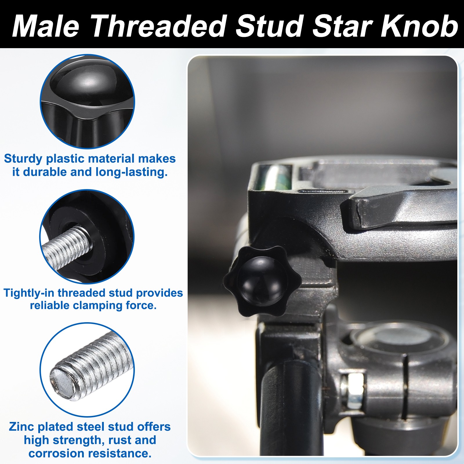 2 Set Star Knobs M6 x 20mm Male + M6 Female Thread 38mm Head Handles, Black