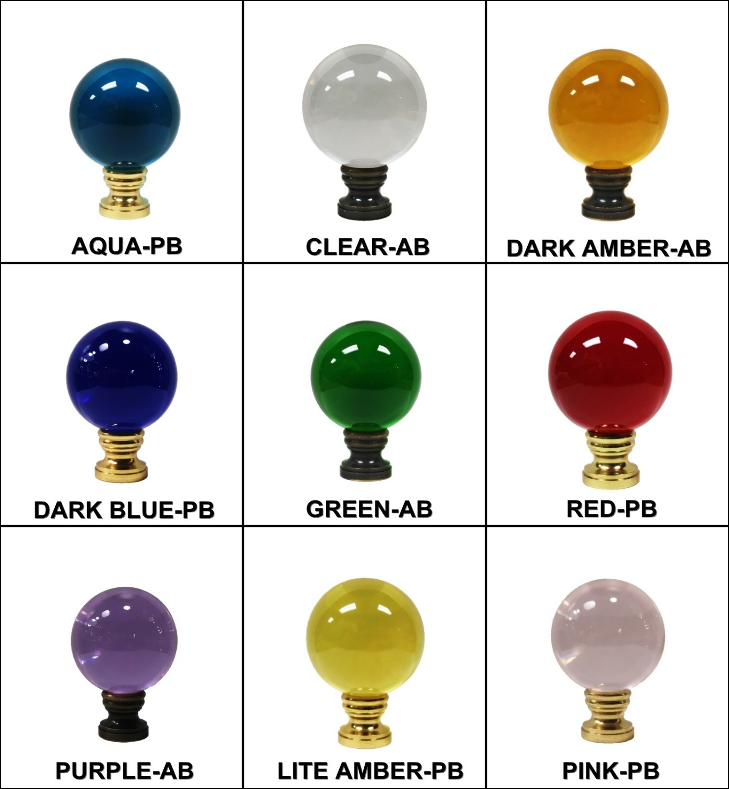 Lamp Finial-LARGE GLASS ORB in 10 Colors-Brass Base, 3 Finishes AB,CH or PB