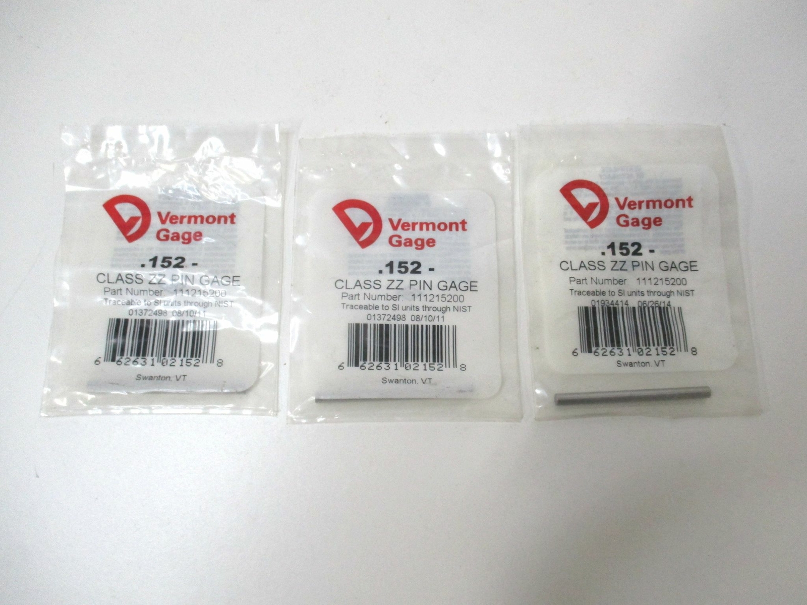 Vermont Gage (111215200) 0.152" Tolerance Class ZZ Steel No-Go Pin Gage - Qty 3