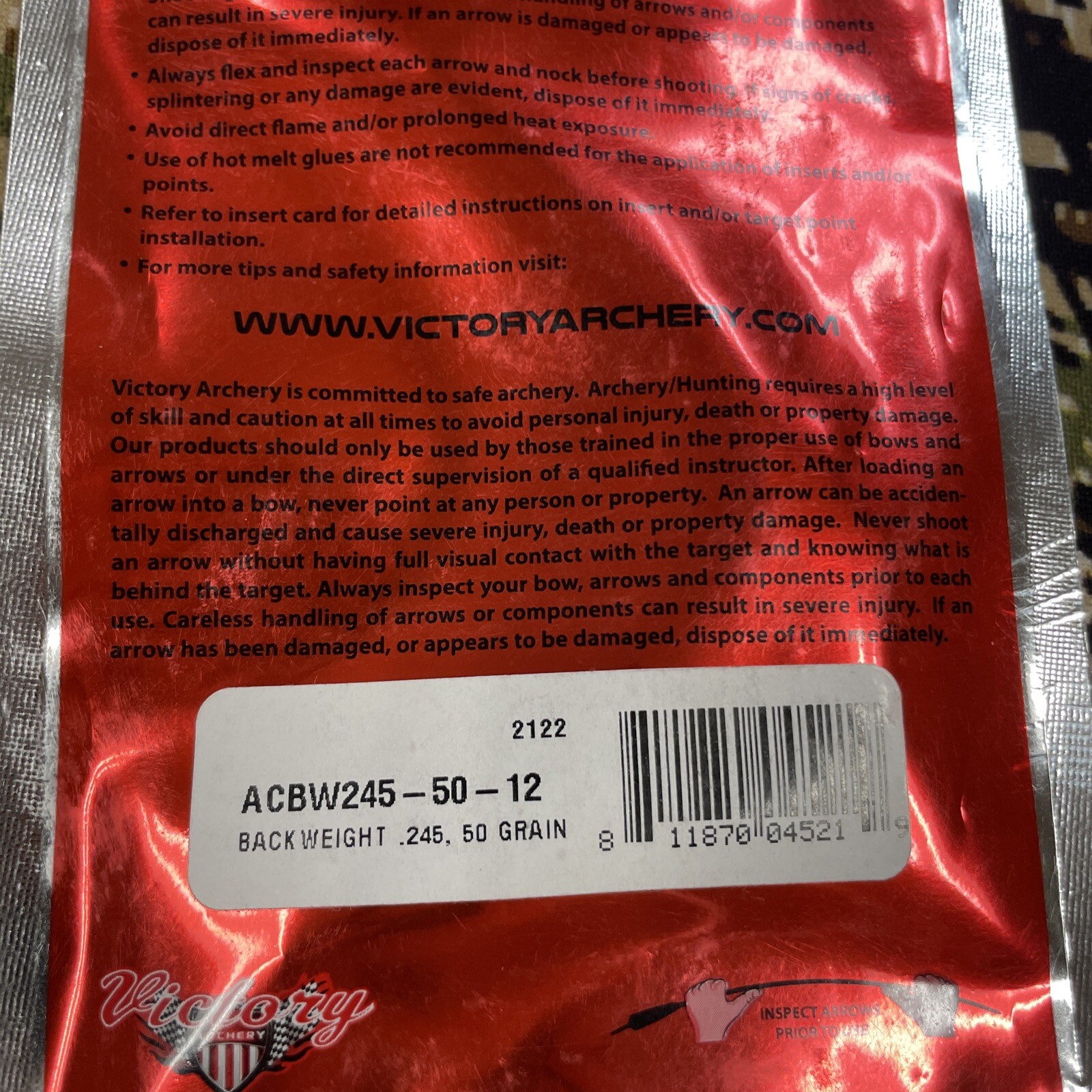 Victory Archery Elite Arrow Components Backweight .245 ID 50 Grain