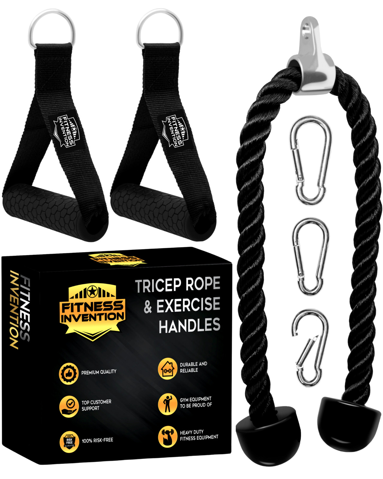 Tricep Rope Cable Attachment with 2 Exercise Handles + 3 Carabiner Clips