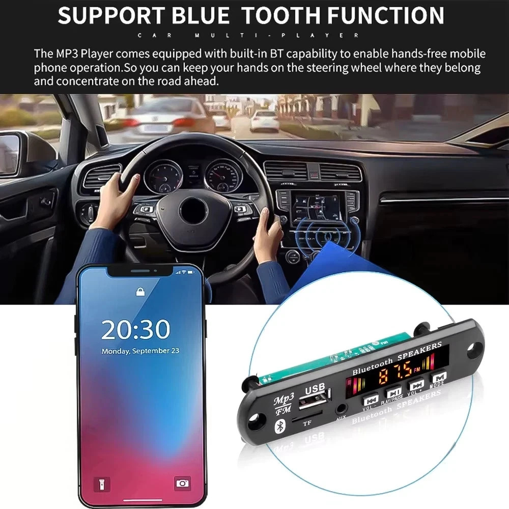 MP3 Decoder Board Bluetooth 5.0 Car MP3 Player USB Recording Module FM AUX Radio