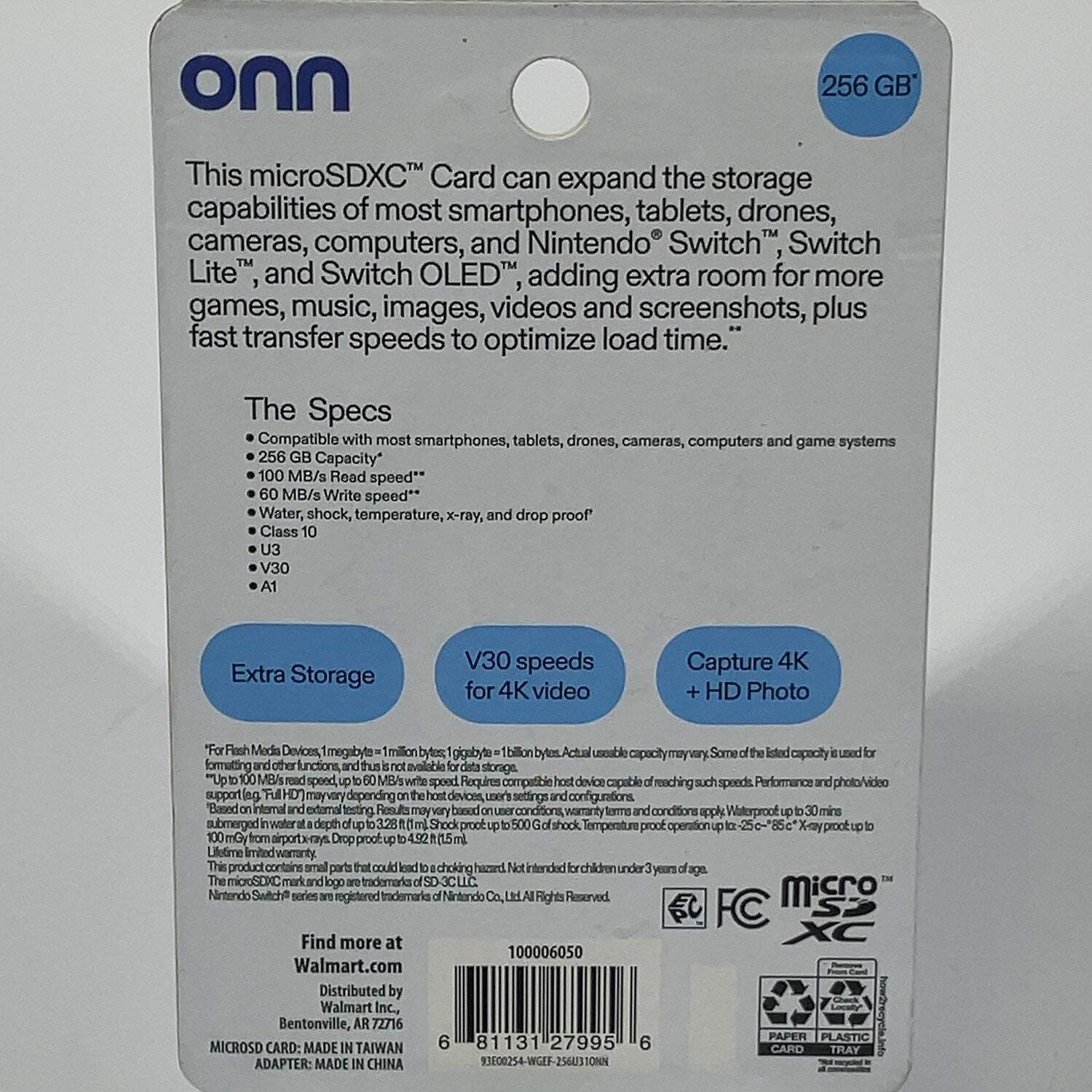 New Onn microSDXC Memory Card with Adapter Class 19, V30, 100MB/s