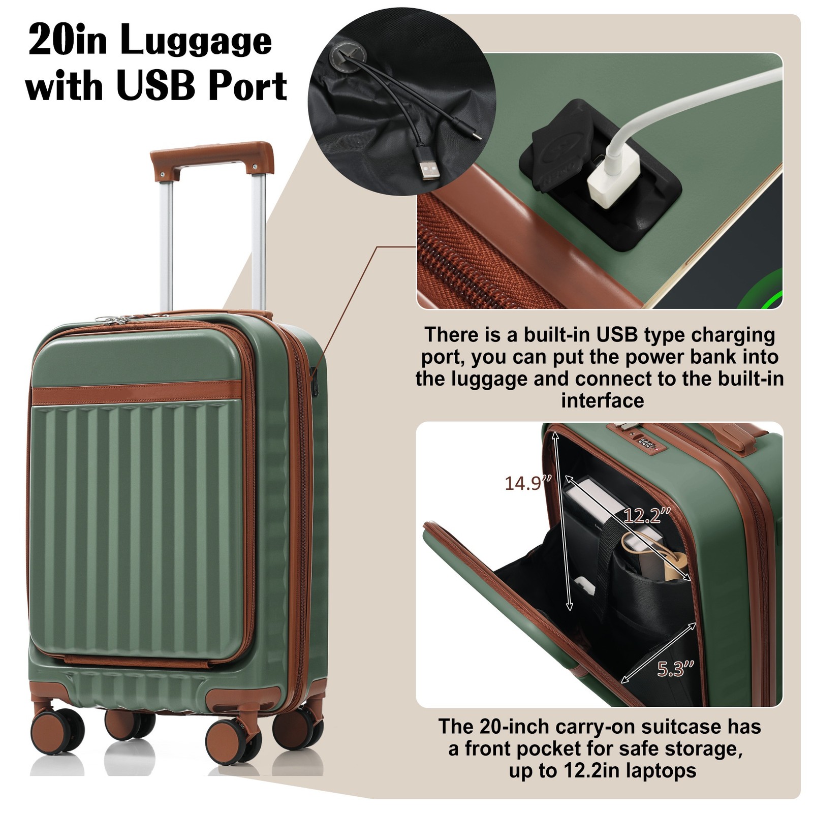 3Pcs 20" 24" 28" ABS Hardside Luggage Set w/ USB Port TSA Lock Expandable Green