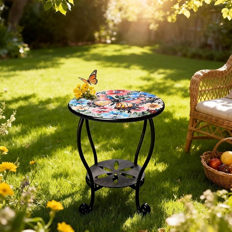Rust-Resistant Round Side Table Two-Tier Design Indoor Outdoor Accent Table New
