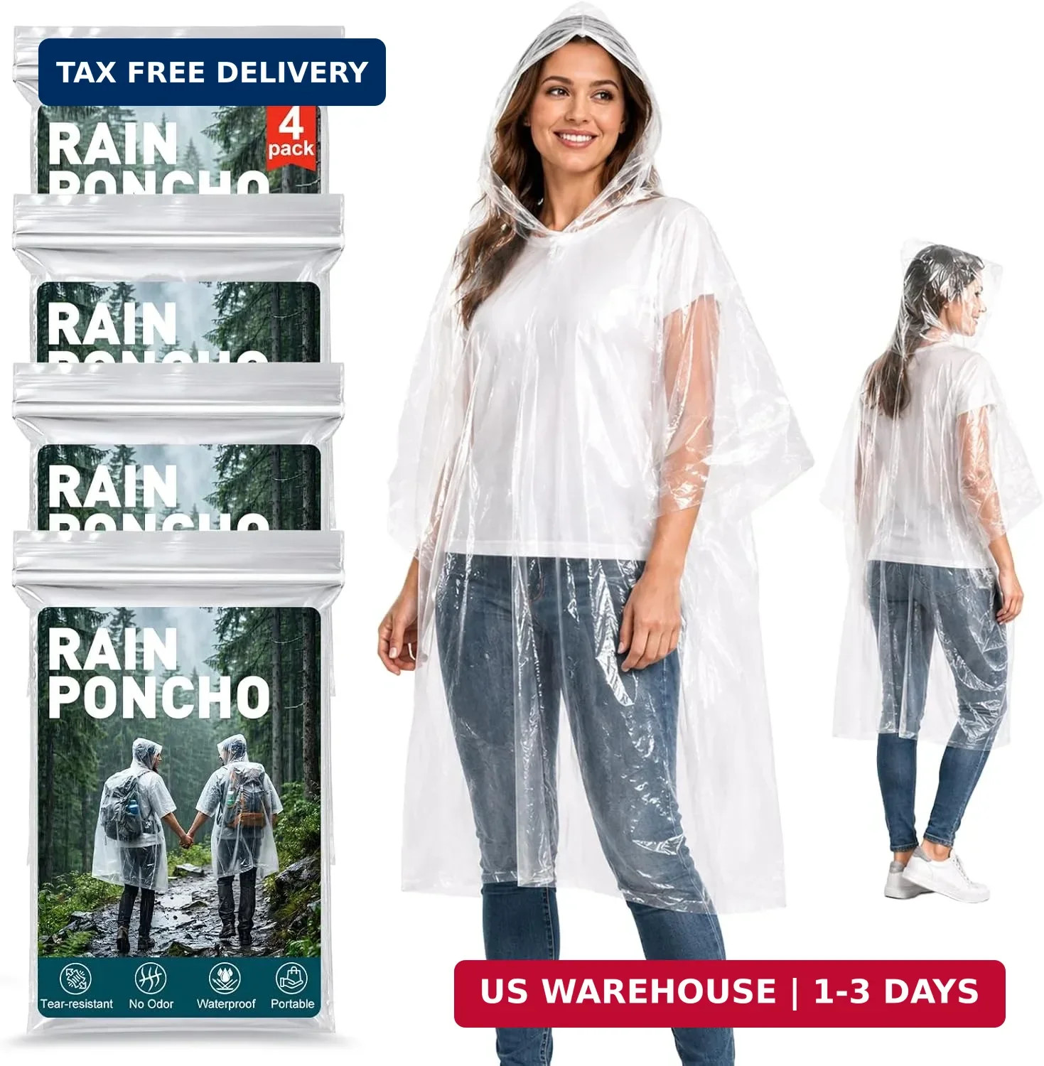 Hydro2Go Disposable Rain Ponchos for Adults, 4 Pack Clear Ponchos with Hood, 40
