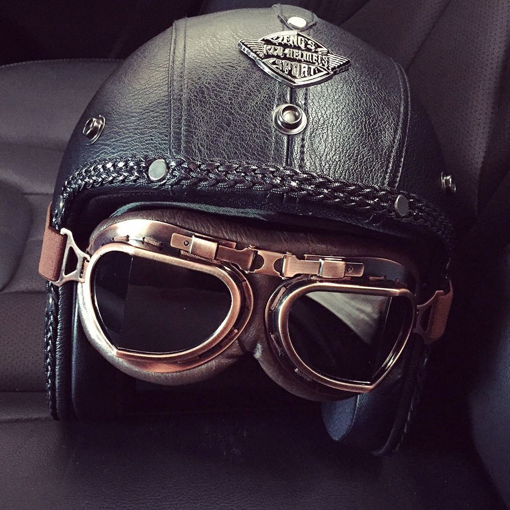 DOT Open Face Motorcycle Helmet Luxury Leather Street Scooter Helmet w/Googles