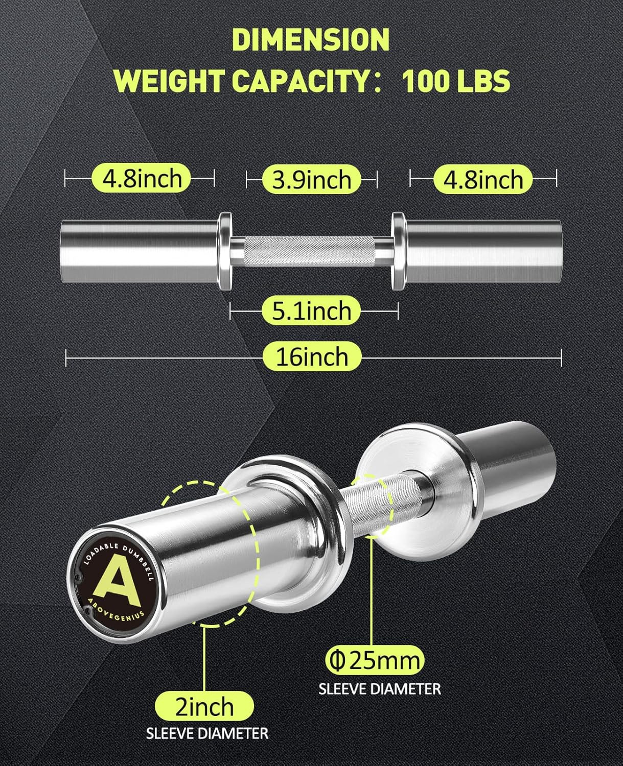16" Olympic Dumbbell Handles, Solid Steel Loadable Weight Bars for 2-Inch Plates