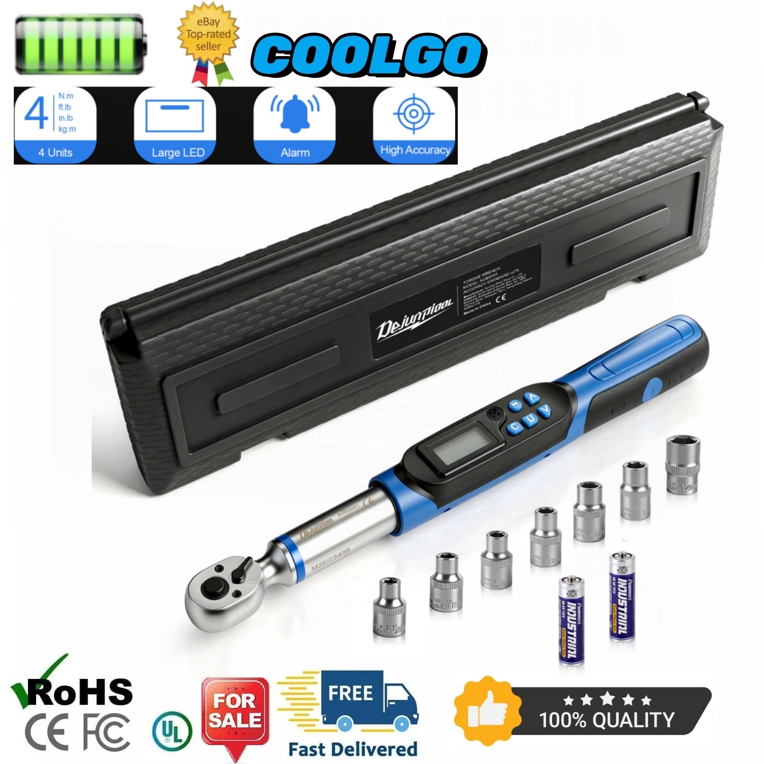 Dejunpool Digital Torque Wrench Adjustable Torque Wrench 3/8" Drive 2.2-44 ft.lb