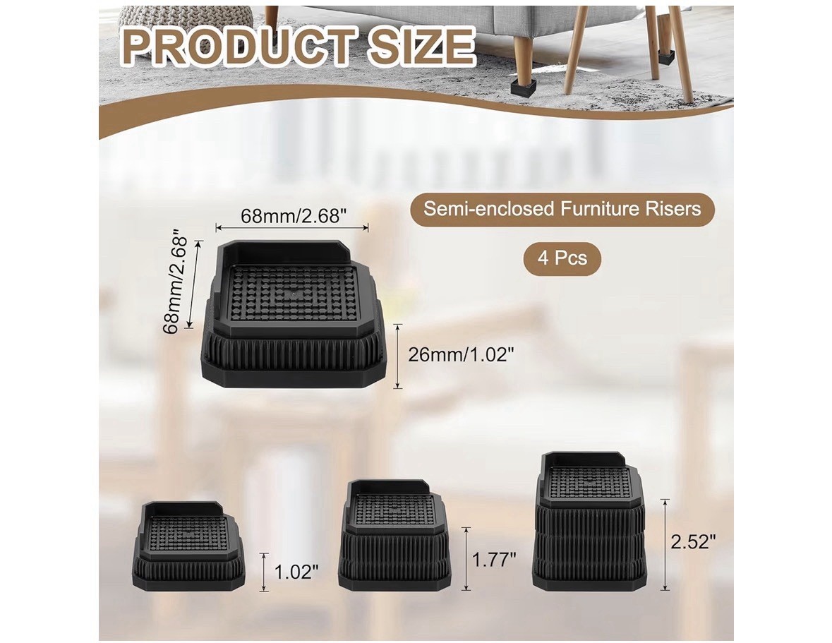 Bed Risers, Square Heavy Duty Stackable Lift Block to 1 Inch, Black