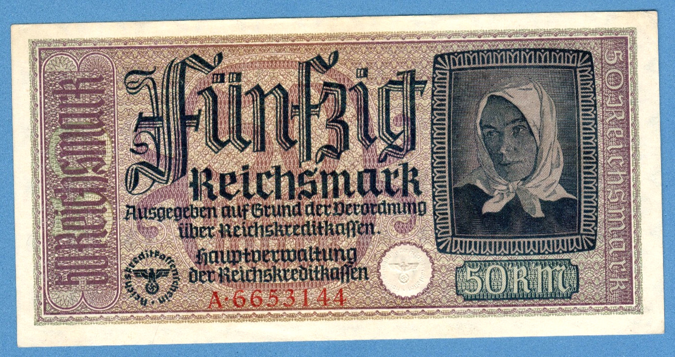 1940-45 GERMANY OCCUPIED TERRITORIES 50 RM EAGLE W/H SWASTIKA aUNC 1422