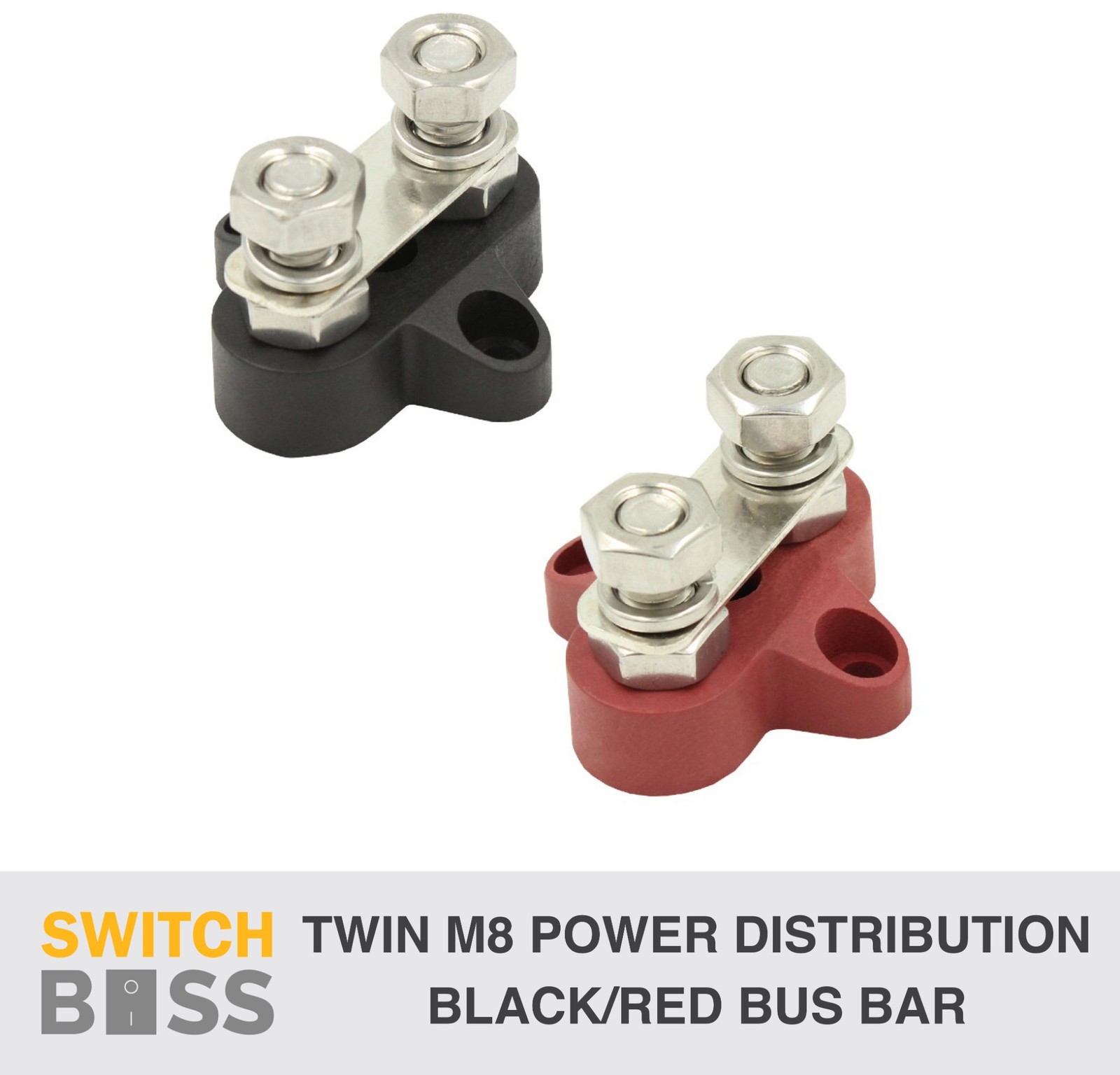 TWIN M8 Terminal Post Power Distribution Block Bus Bar - Side Mount Black Red