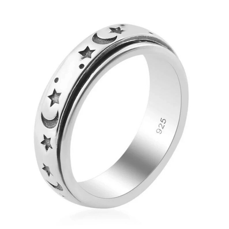 Star and Moon Ring , Spinner Ring , 925 Solid Sterling Silver , Thumb   All Size