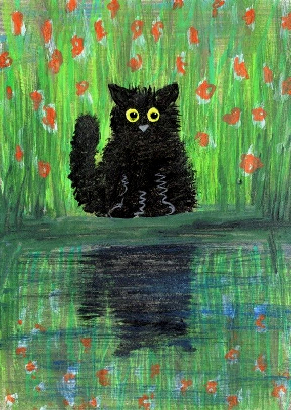 ACEO Mini *Print* of Original Art Black Fluffy Cat Kitten by a Pond by Saulite