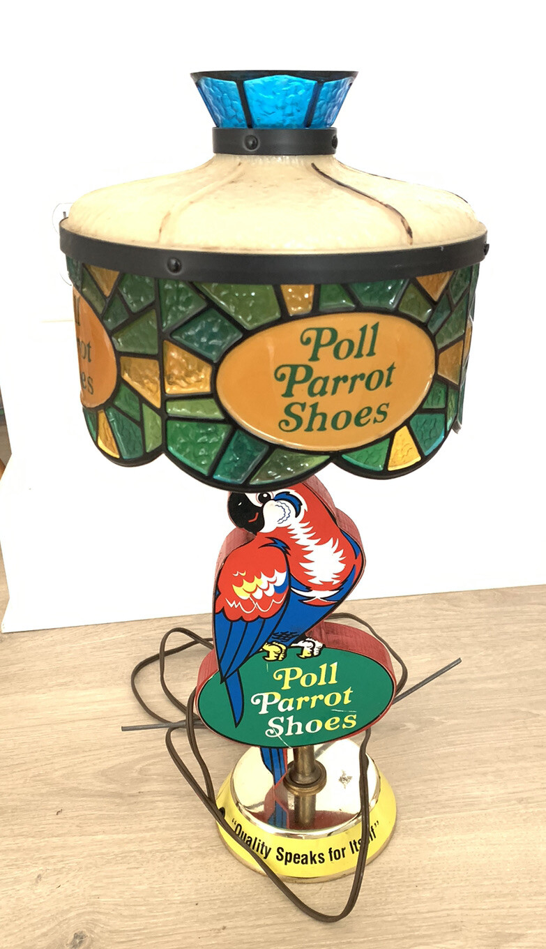VINTAGE POLL PARROT SHOES LAMP 1930'S WOOD PLASTIC STAINED GLASS SHADE USA