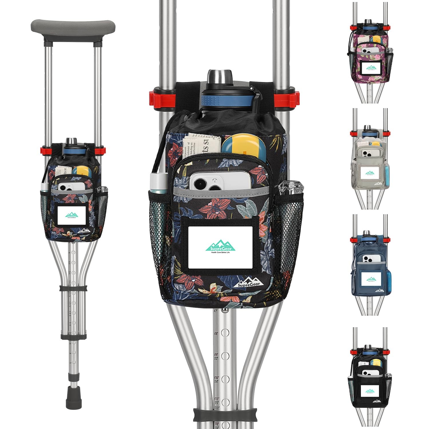 Crutch Accessories Bag Water-Resistant Storage Pouch with Cup Holder and Mult...