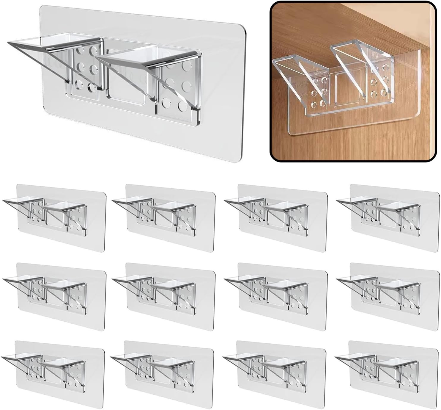 12-Pack Heavy-Duty Adhesive Shelf Brackets Large Double Row No-Drill Wall